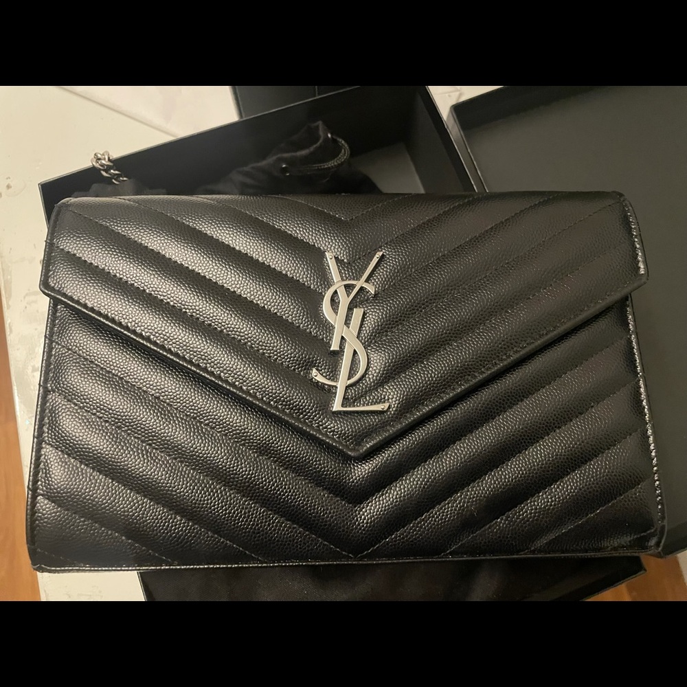 YSL Saint Laurent Monogram Chain Wallet Clutch, Silver hardware